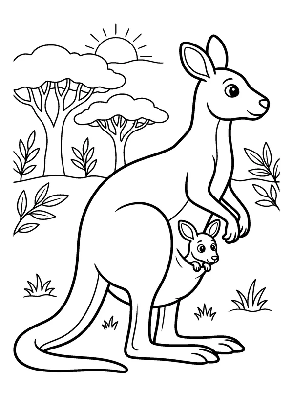 Kangaroo and Joey — printable black-and-white coloring sheet