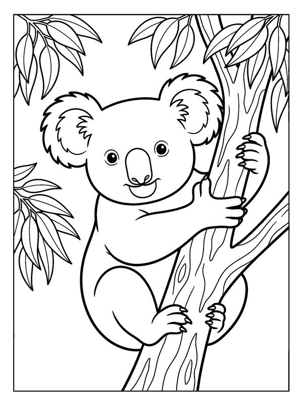 Koala Tree Hug — printable black-and-white coloring sheet