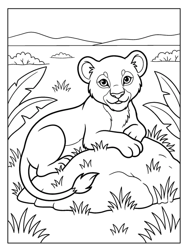 Lion Cub Lookout — printable black-and-white coloring sheet