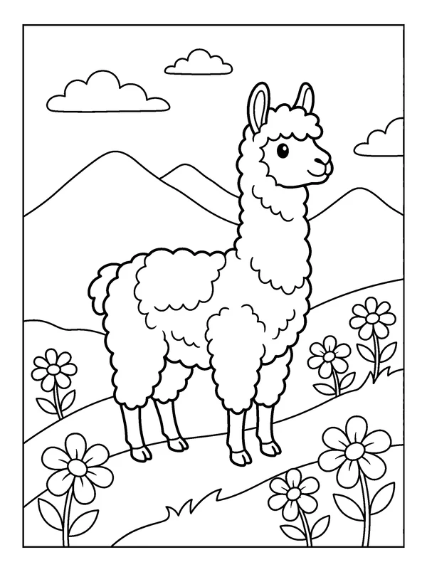 Llama on the Hillside — printable black-and-white coloring sheet
