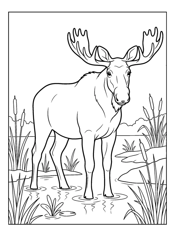 Moose in the Marsh — printable black-and-white coloring sheet
