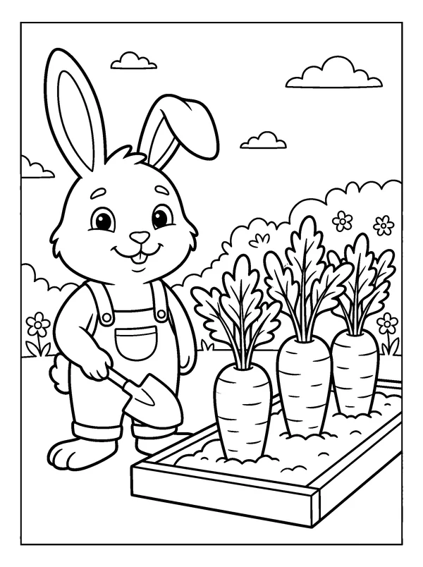 Rabbit in the Carrot Patch — printable black-and-white coloring sheet