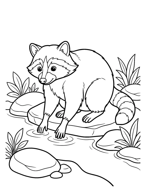 Raccoon at the Creek — printable black-and-white coloring sheet