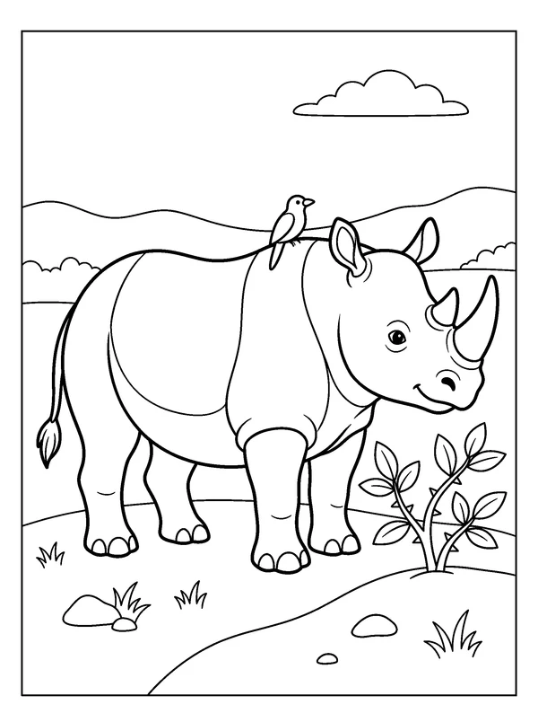 Rhino and a Bird Friend — printable black-and-white coloring sheet