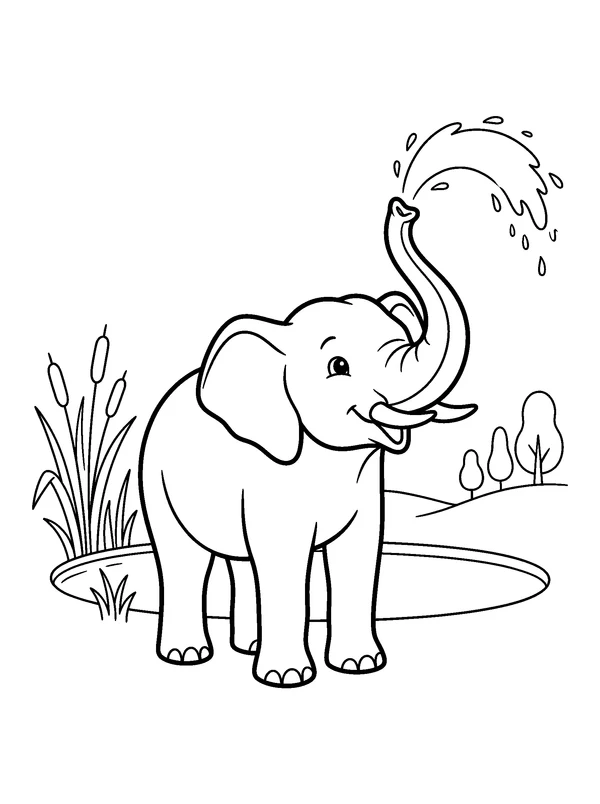 Elephant at the Waterhole — printable black-and-white coloring sheet
