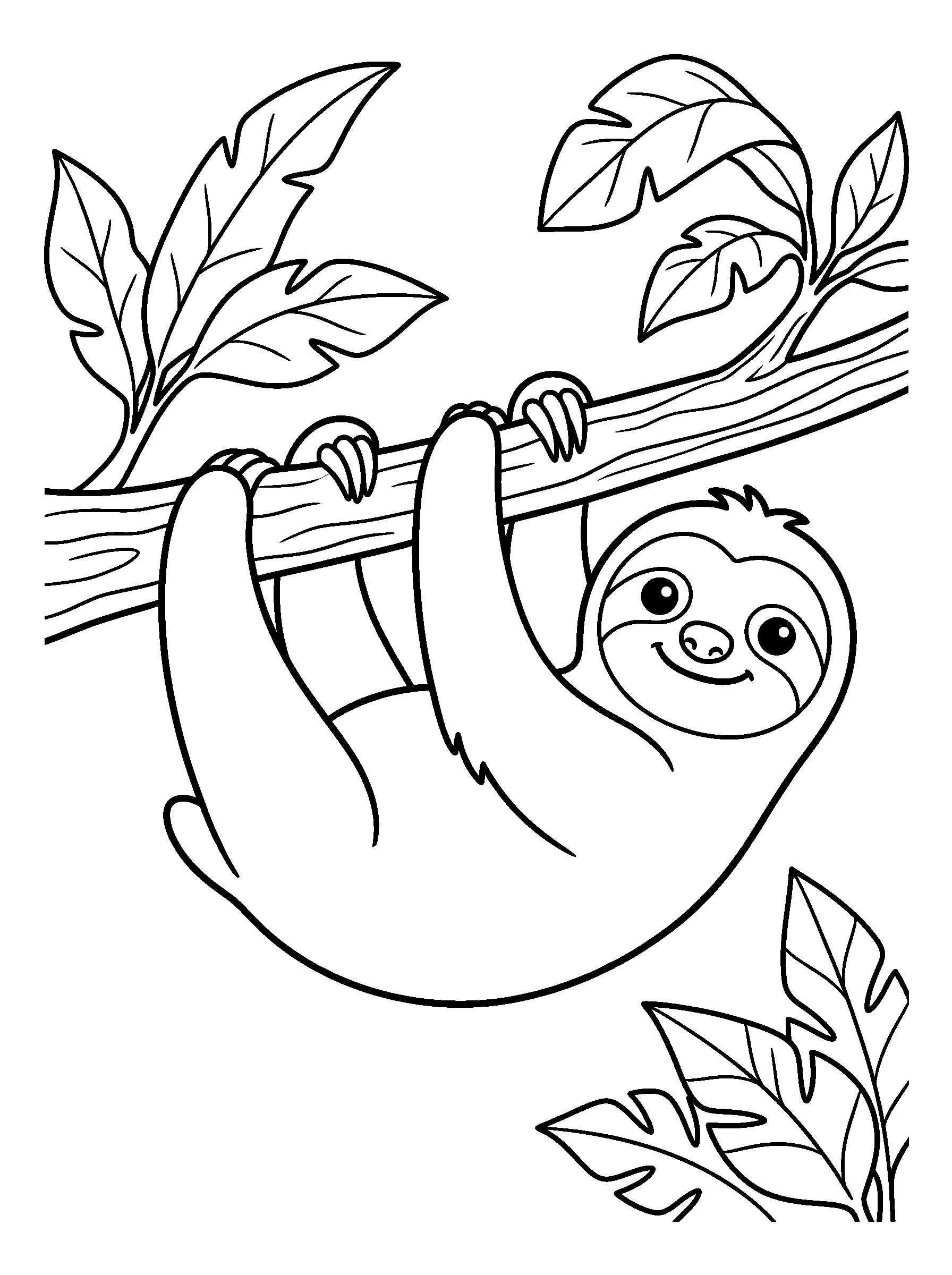 Sloth in the Vines — full black-and-white printable coloring page