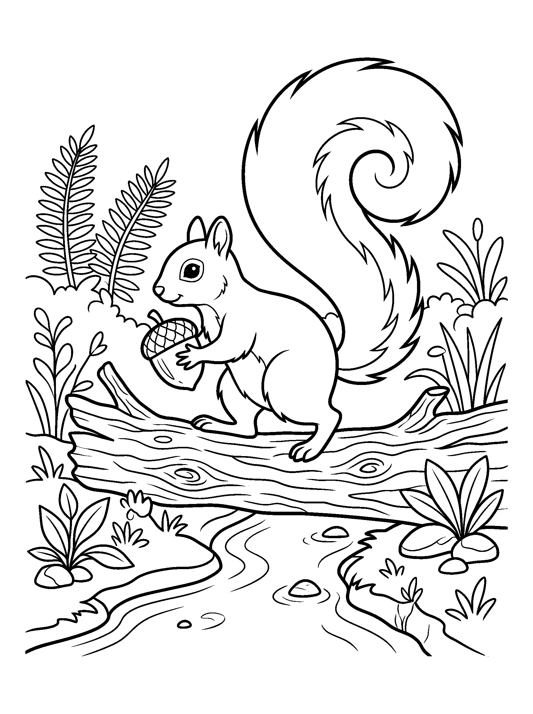 Squirrel on a Log Bridge — full black-and-white printable coloring page