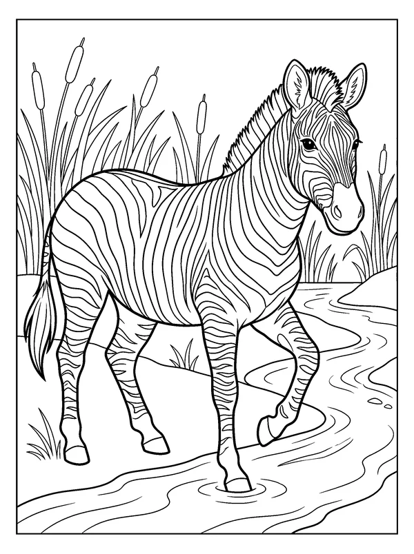 Zebra River Crossing — printable black-and-white coloring sheet