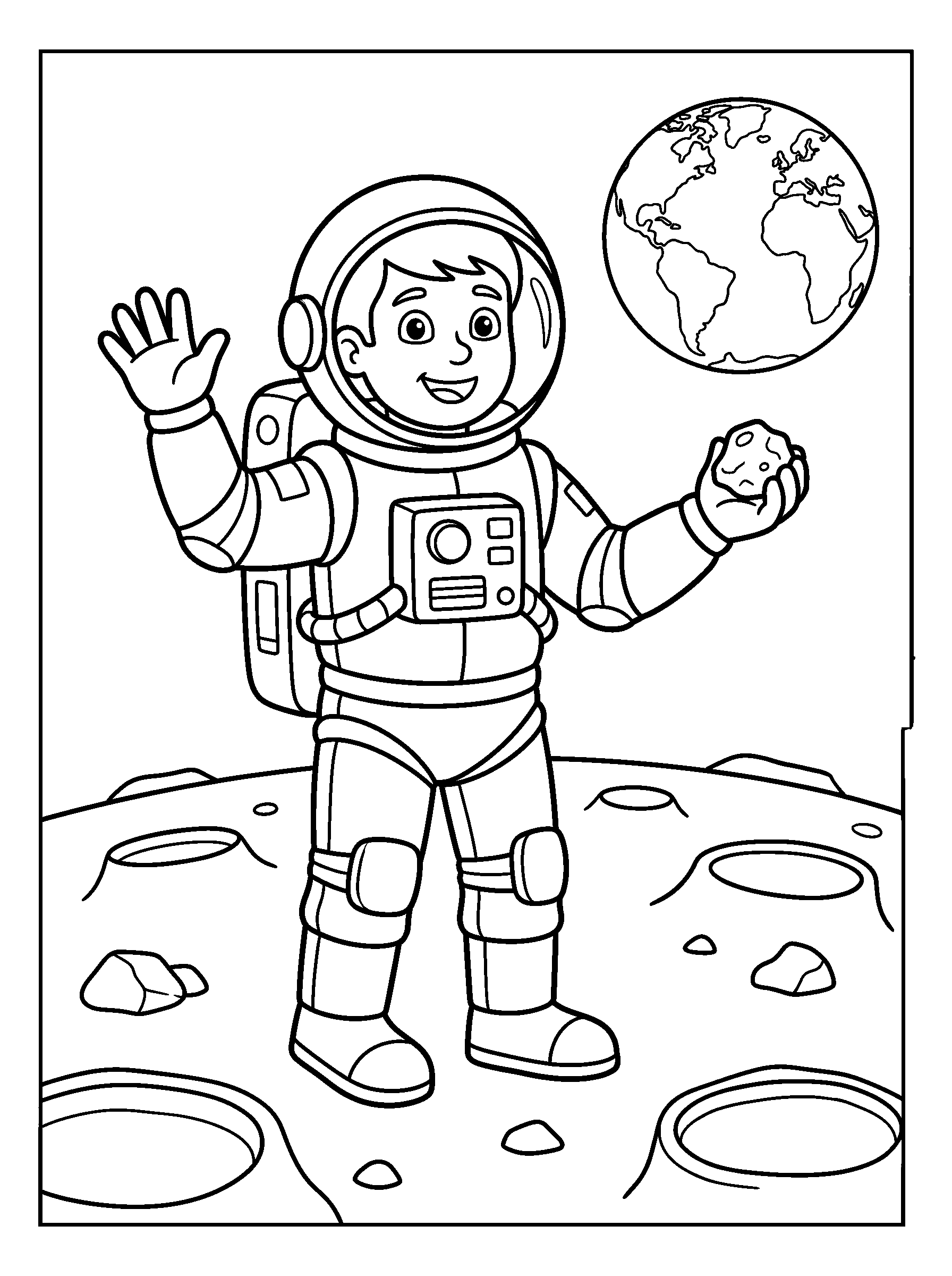 Astronaut on the Moon — full black-and-white printable coloring page
