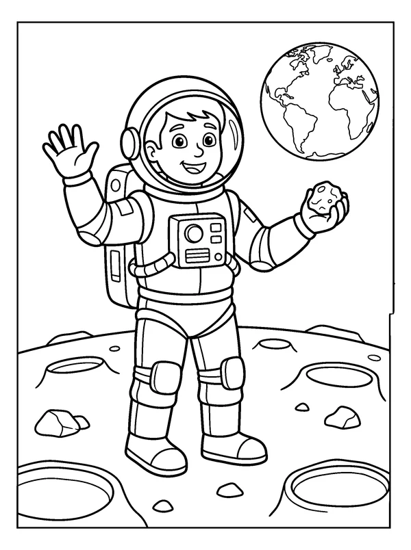 Astronaut on the Moon — printable black-and-white coloring sheet