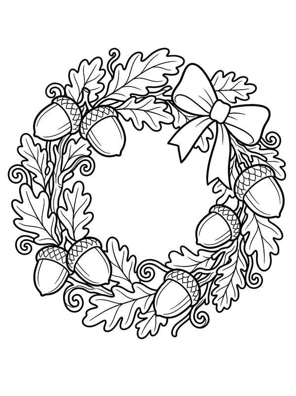 Acorn and Oak Leaf Wreath — printable black-and-white coloring sheet