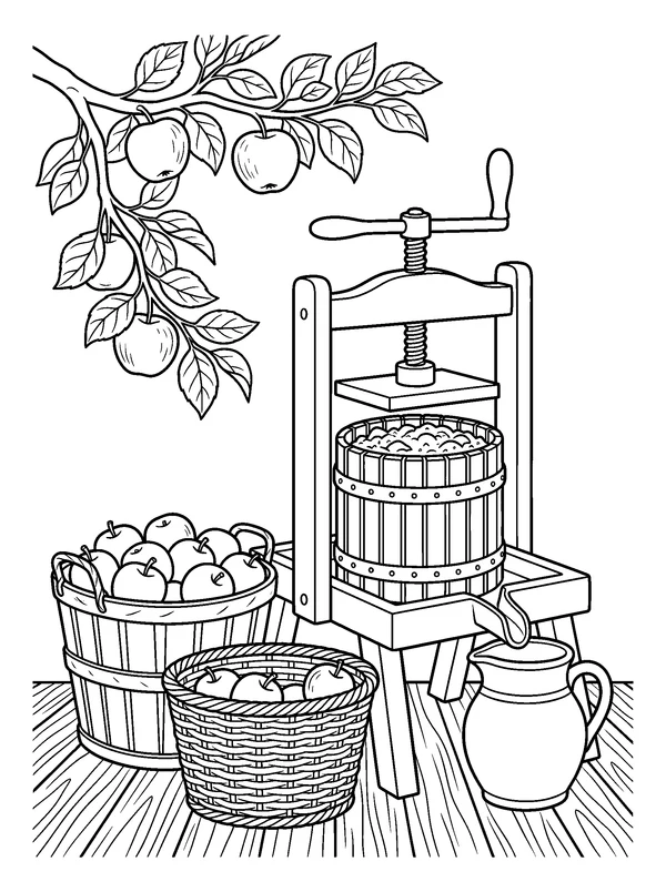 Apple Press in the Orchard — printable black-and-white coloring sheet