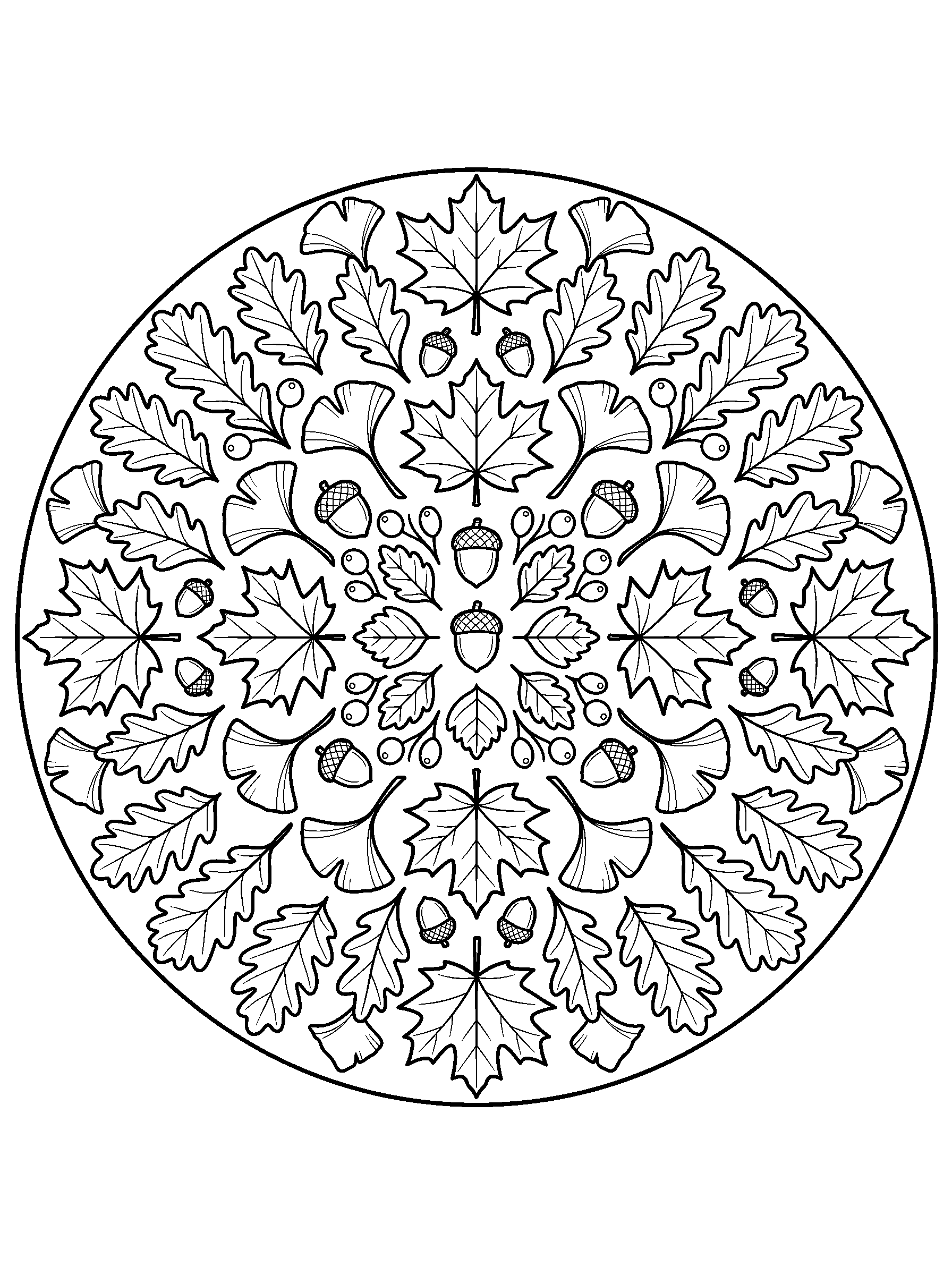 Autumn Leaf Mandala — full black-and-white printable coloring page