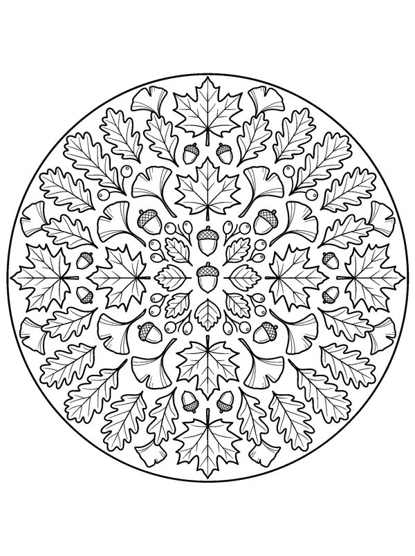 Autumn Leaf Mandala — printable black-and-white coloring sheet