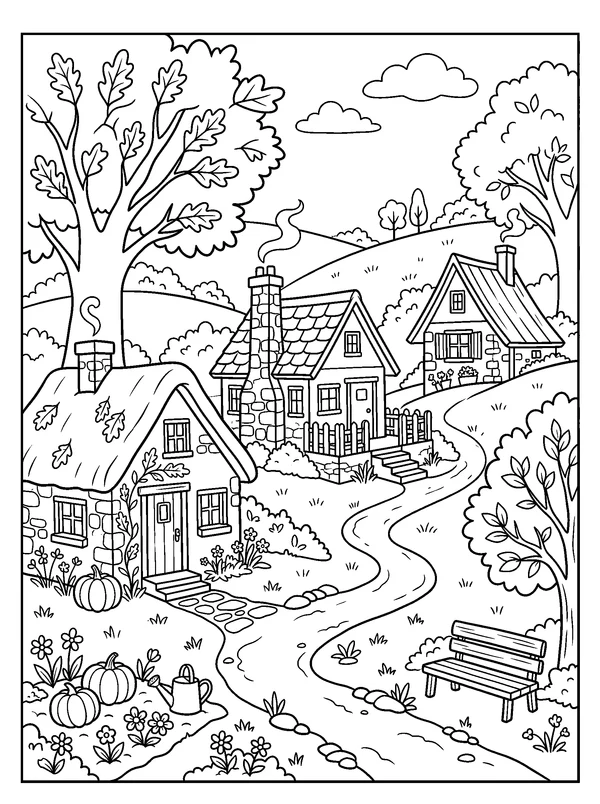 Autumn Village on the Hill — printable black-and-white coloring sheet