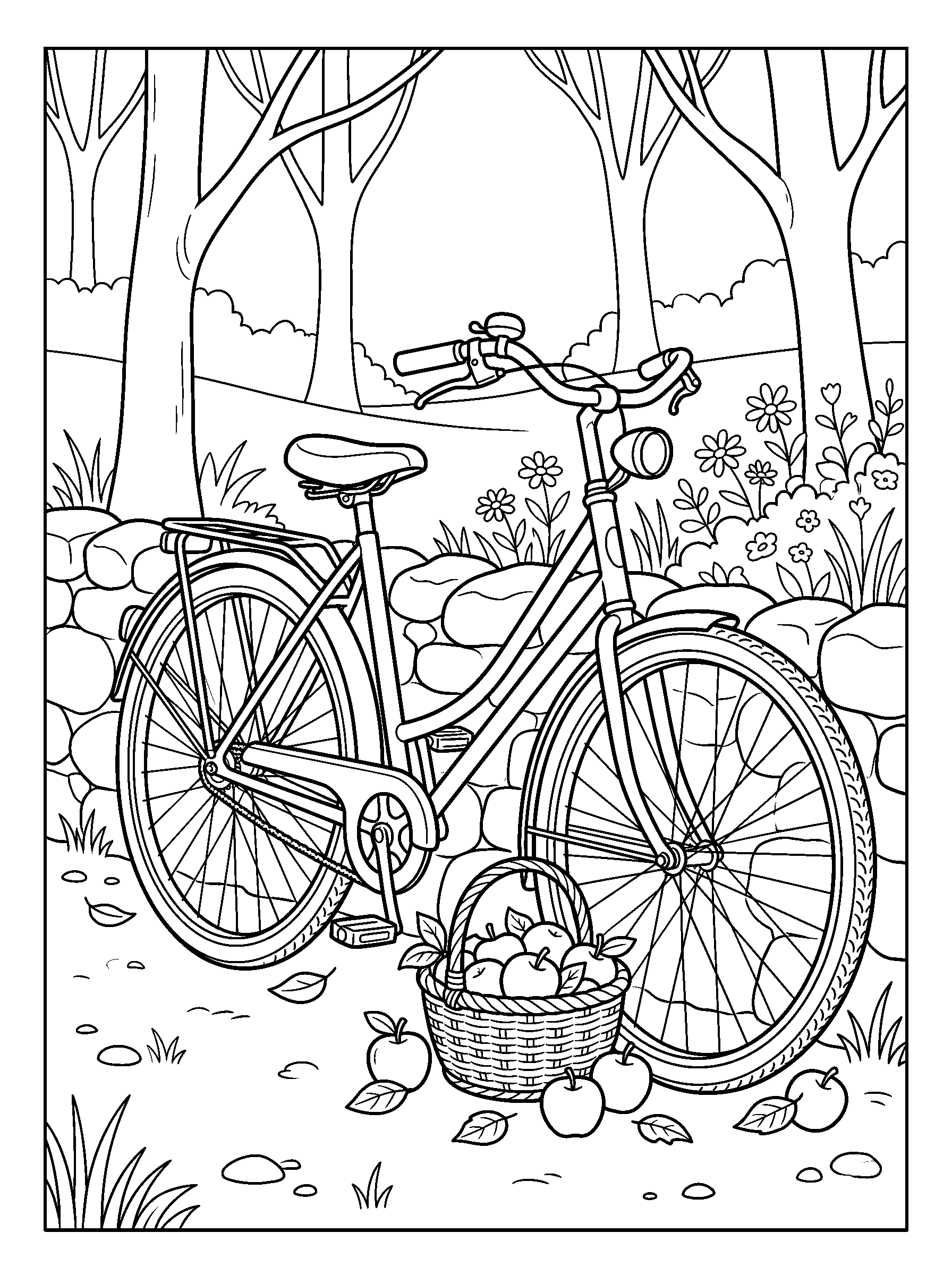 Bicycle with an Apple Basket — full black-and-white printable coloring page