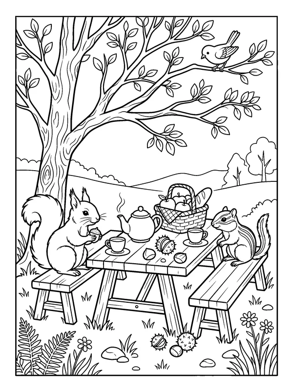 Chestnut Picnic in the Woods — printable black-and-white coloring sheet