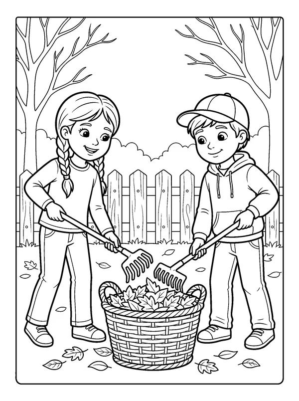 Children Raking Autumn Leaves — printable black-and-white coloring sheet