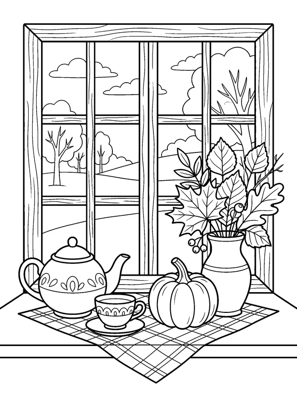 Cozy Window with Pumpkin Tea — printable black-and-white coloring sheet