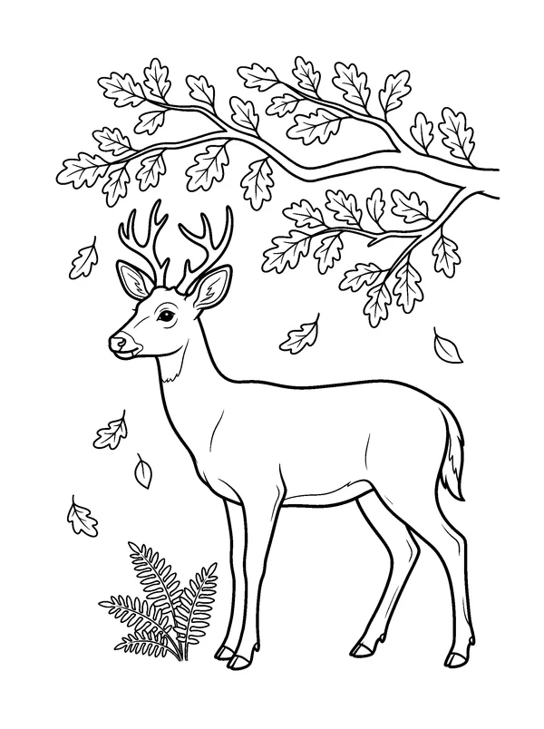 Deer Beneath an Autumn Branch — printable black-and-white coloring sheet