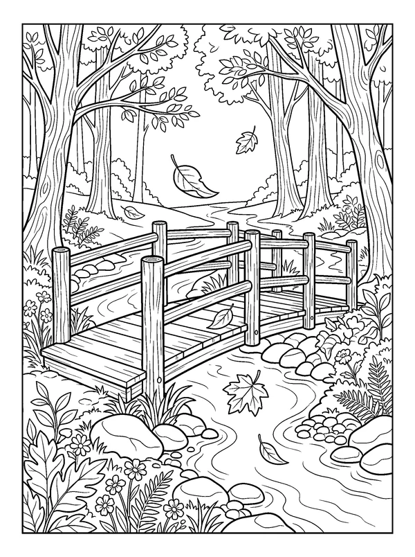 Forest Bridge with Falling Leaves — printable black-and-white coloring sheet