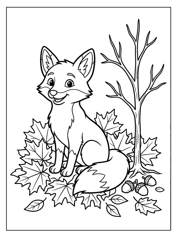 Fox in a Pile of Leaves — printable black-and-white coloring sheet