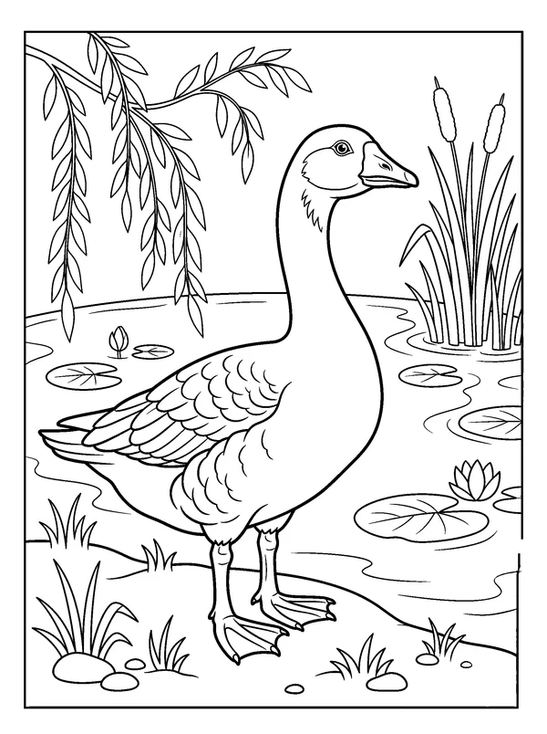 Goose Beside the Autumn Pond — printable black-and-white coloring sheet