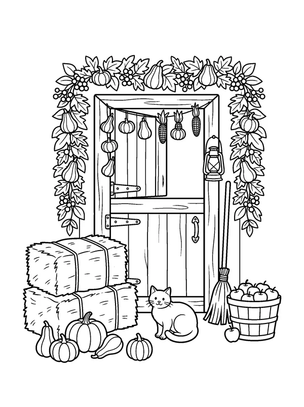 Harvest Barn with Squash Garlands — printable black-and-white coloring sheet