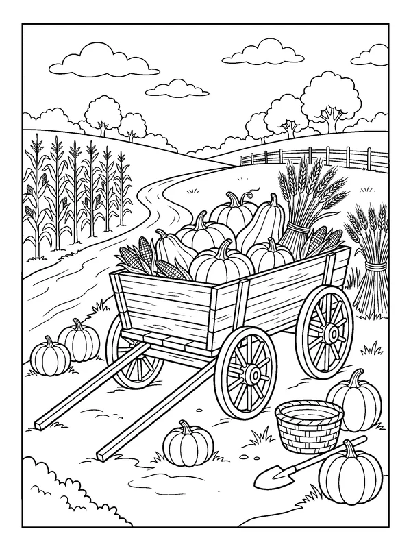Harvest Wagon at the Field Edge — printable black-and-white coloring sheet