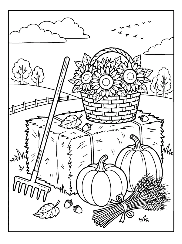 Hay Bale with Sunflowers — printable black-and-white coloring sheet