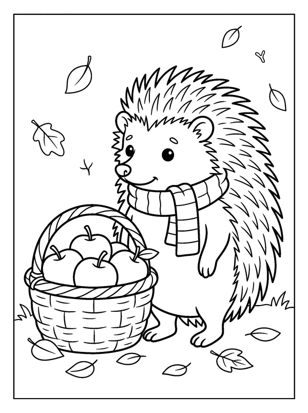 Hedgehog with a Harvest Scarf — printable black-and-white coloring sheet