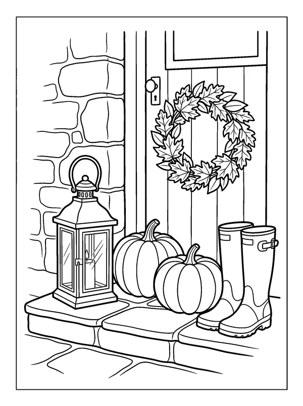 Lantern on the Pumpkin Porch — printable black-and-white coloring sheet