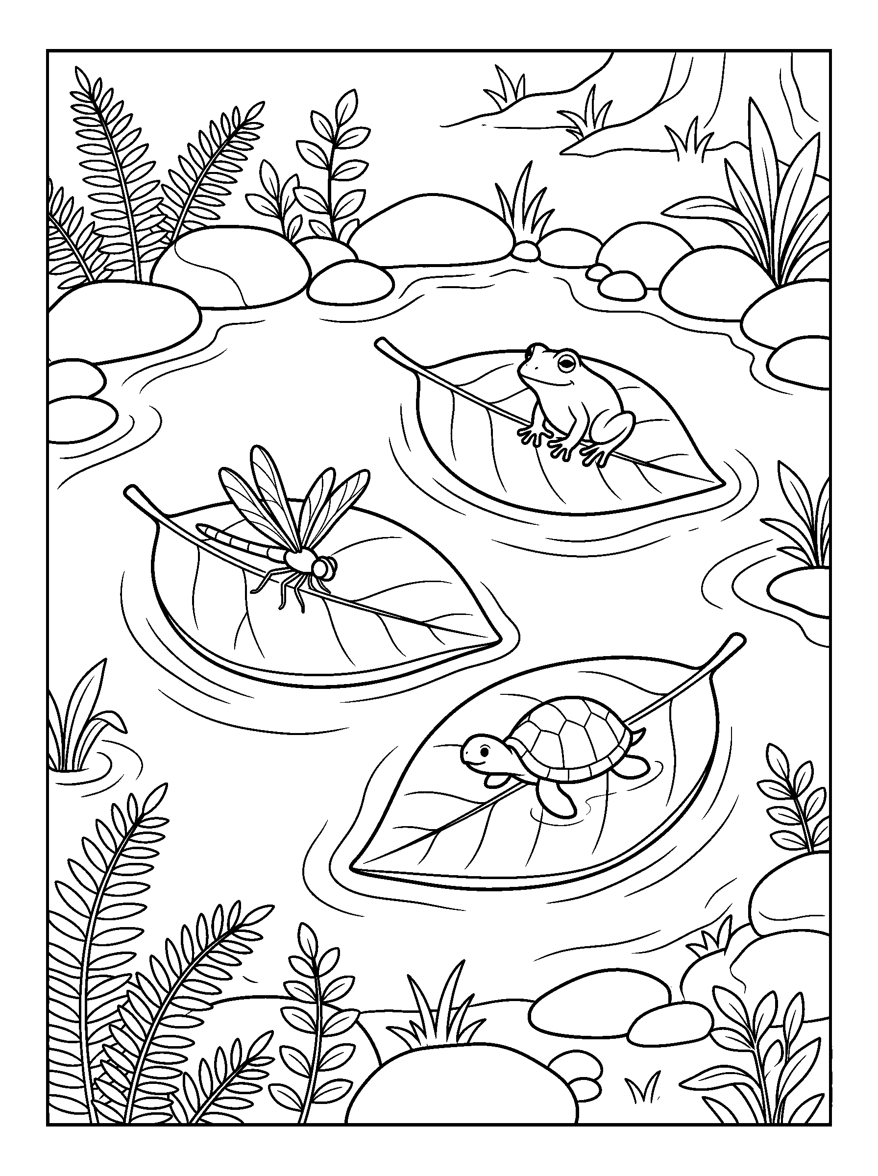 Leaf Boats on the Woodland Pond — full black-and-white printable coloring page