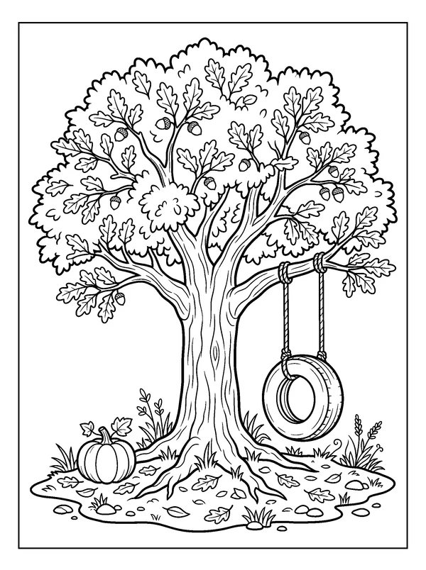 Oak Tree with a Tire Swing — printable black-and-white coloring sheet