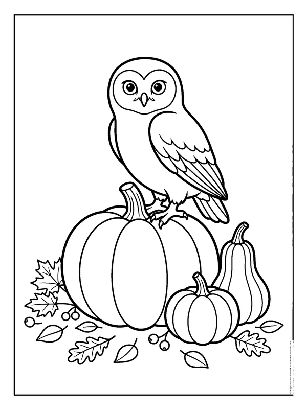 Owl on a Large Pumpkin — printable black-and-white coloring sheet