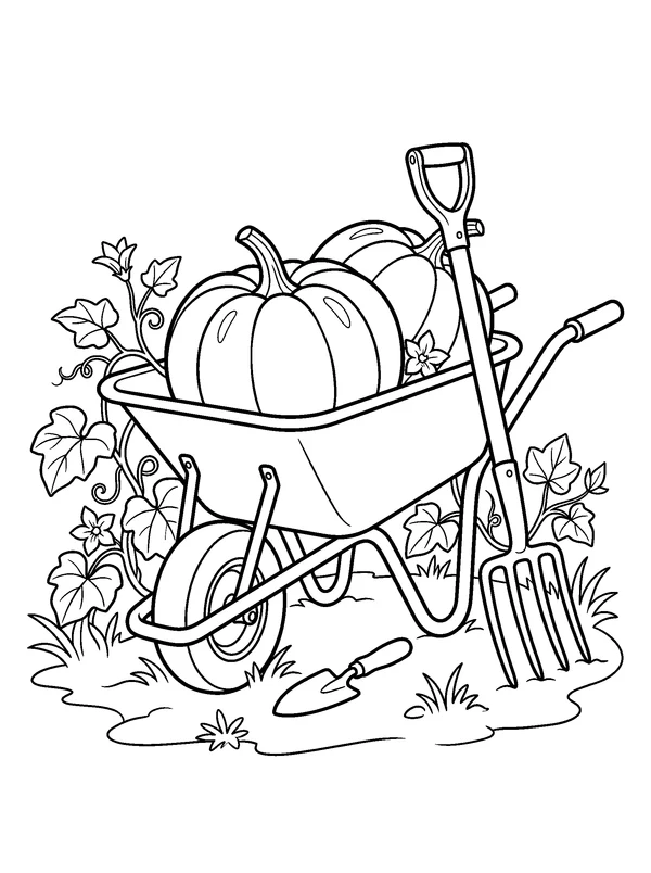 Pumpkin Patch Wheelbarrow — printable black-and-white coloring sheet
