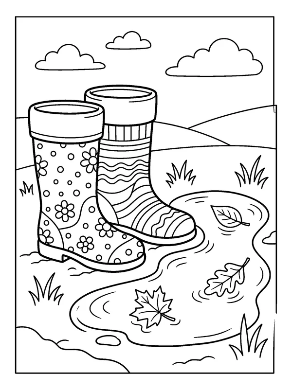 Rain Boots in an Autumn Puddle — printable black-and-white coloring sheet
