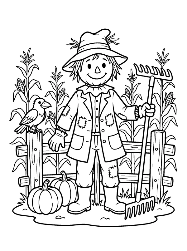 Scarecrow in the Cornfield — printable black-and-white coloring sheet