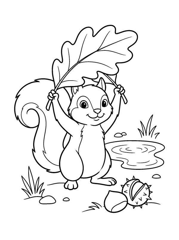 Squirrel with a Leaf Umbrella — printable black-and-white coloring sheet
