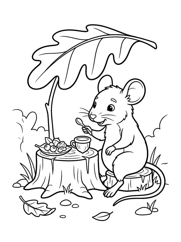 Woodland Mouse with an Acorn Cup — printable black-and-white coloring sheet