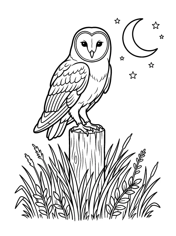 Barn Owl on a Fence Post — printable black-and-white coloring sheet