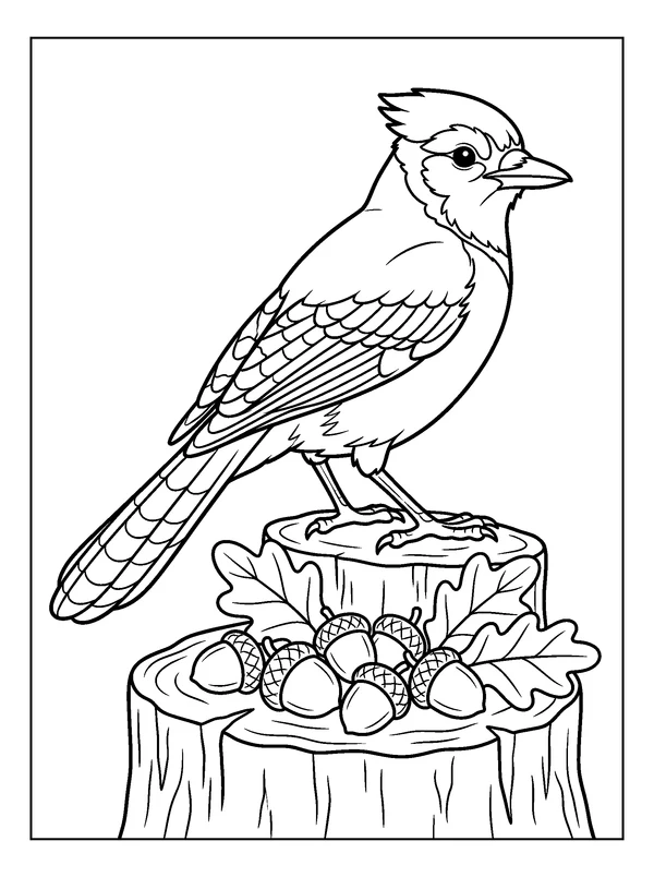 Blue Jay and Acorn Stump — printable black-and-white coloring sheet