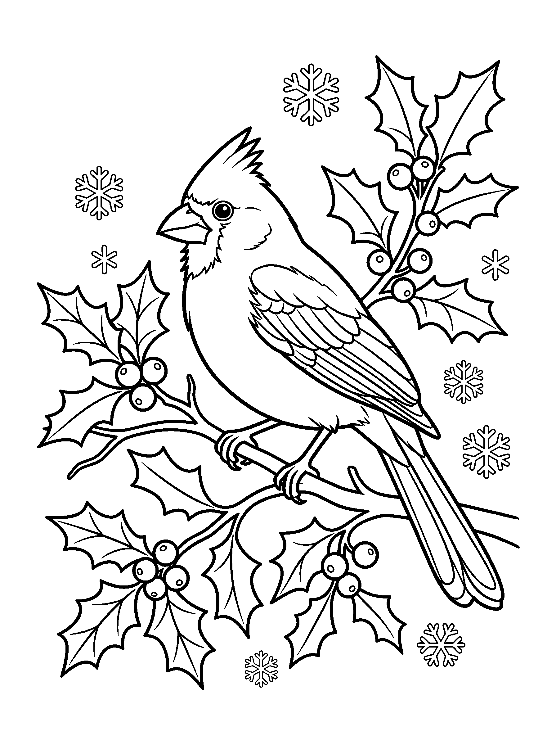 Cardinal on a Holly Branch — full black-and-white printable coloring page