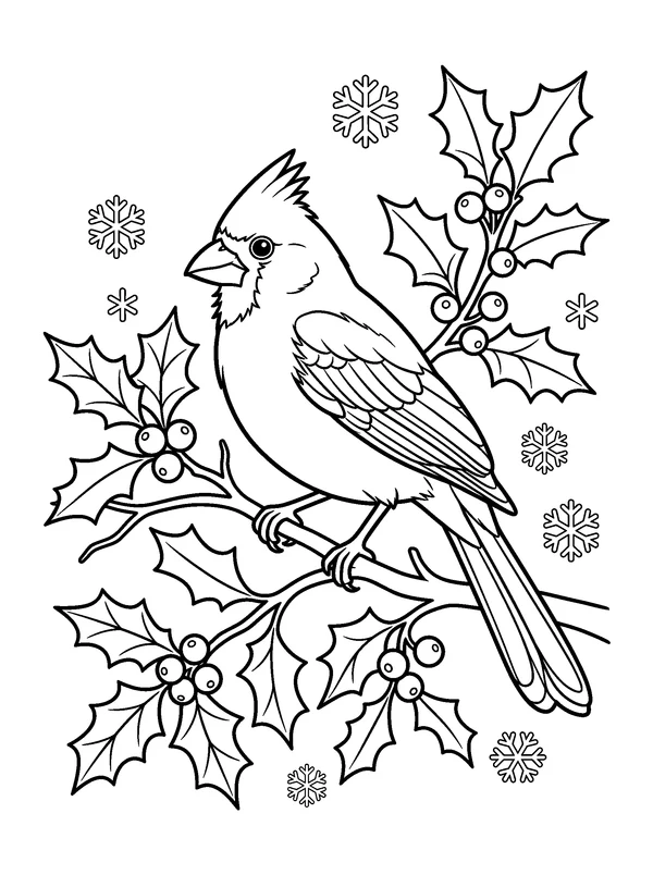 Cardinal on a Holly Branch — printable black-and-white coloring sheet