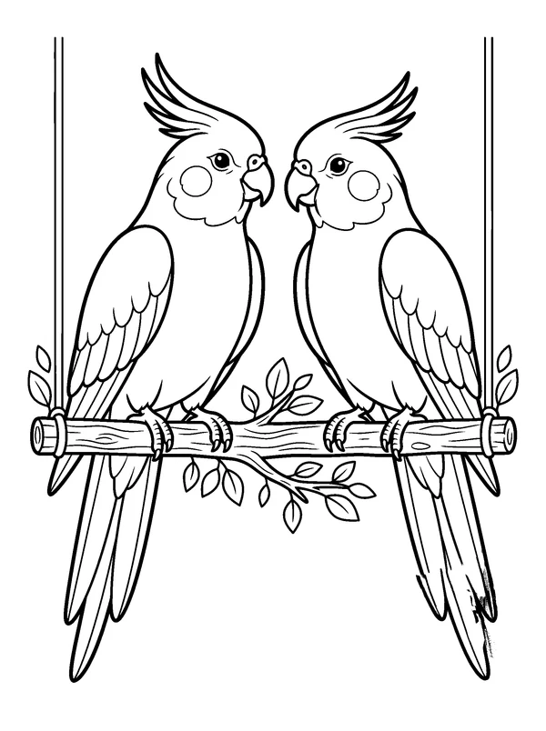 Cockatiels on a Hanging Perch — printable black-and-white coloring sheet