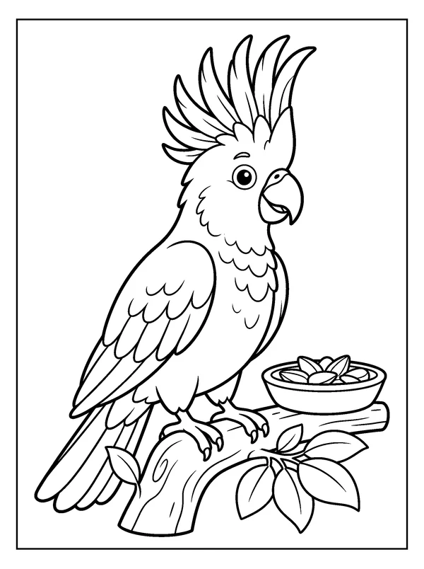 Cockatoo at a Seed Dish — printable black-and-white coloring sheet