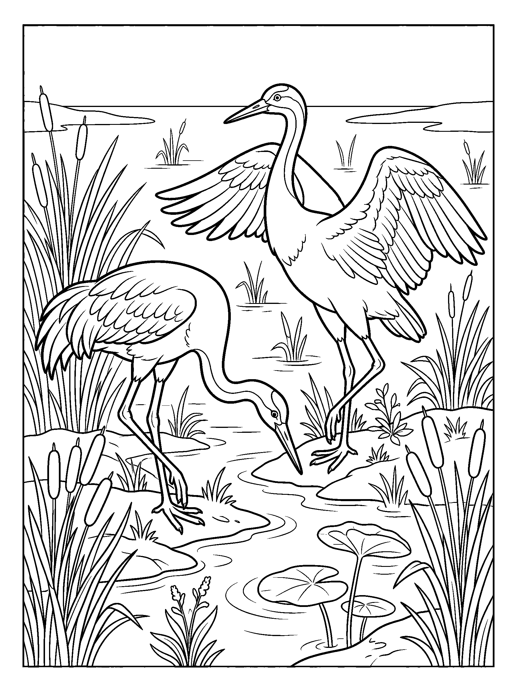 Cranes in the Marsh — full black-and-white printable coloring page