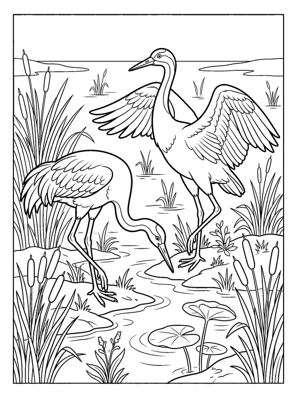 Cranes in the Marsh — printable black-and-white coloring sheet