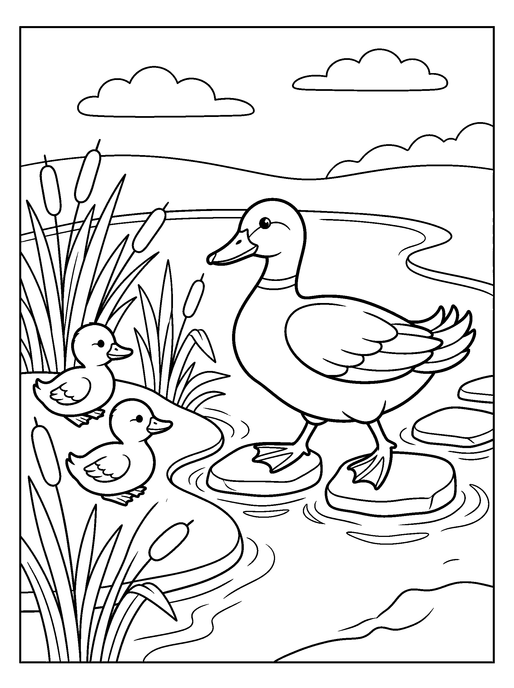 Duck on Pond Stepping Stones — full black-and-white printable coloring page