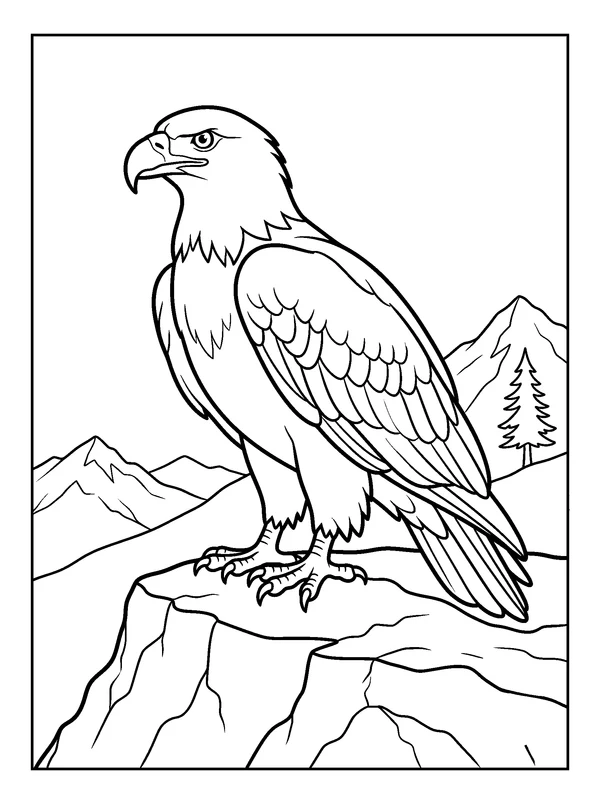 Eagle at the Mountain Overlook — printable black-and-white coloring sheet